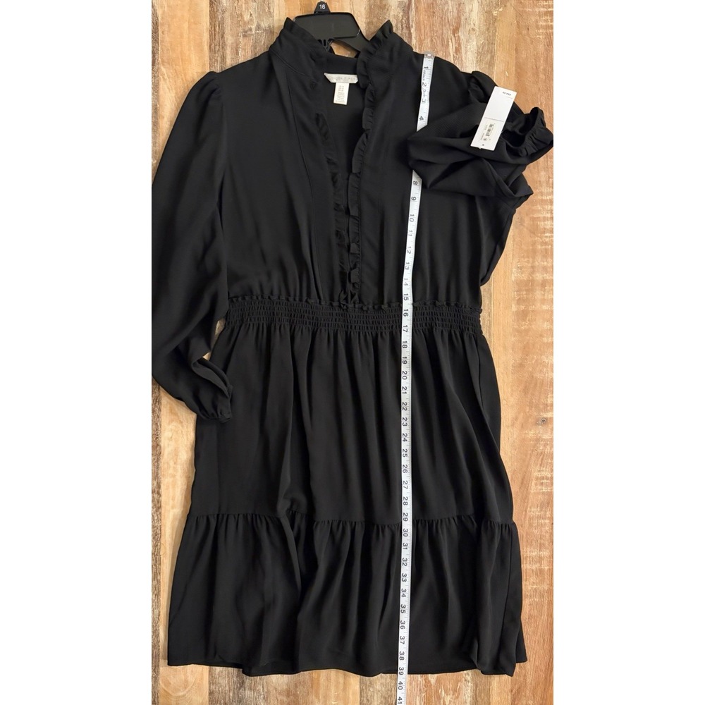 London Times Black Ruffle Neck Smocked Waist Tiered Dress Long Sleeve‎ Womens 14 - Picture 14 of 15